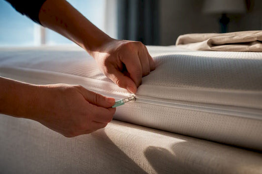 Hands sealing a mattress encasement zipper