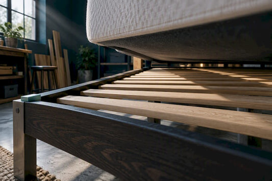 Wood bed slats beneath mattress edge