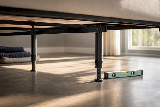 Rigid center support beam beneath bed frame