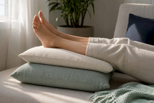 Lower legs elevated on supportive pillows