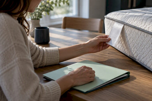 Hands reviewing mattress material documentation