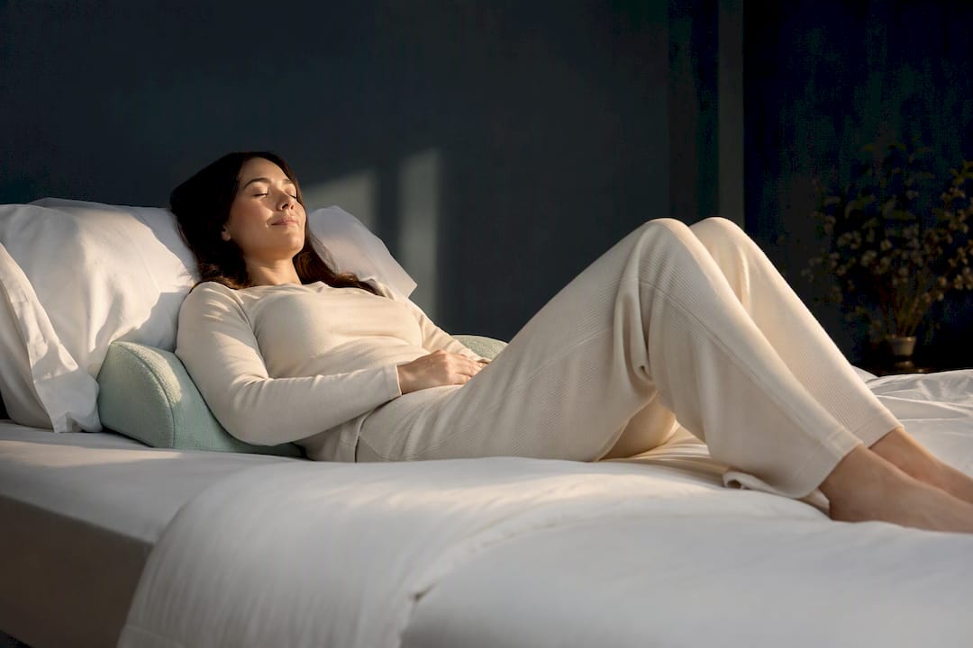 Person reclining in zero gravity sleep position