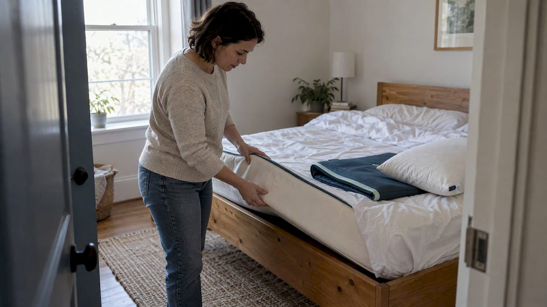 Shopper inspecting mattress and bedding certifications