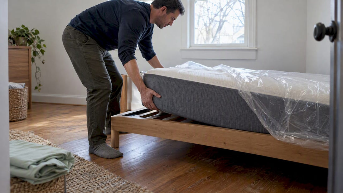 Homeowner positioning mattress on bed frame