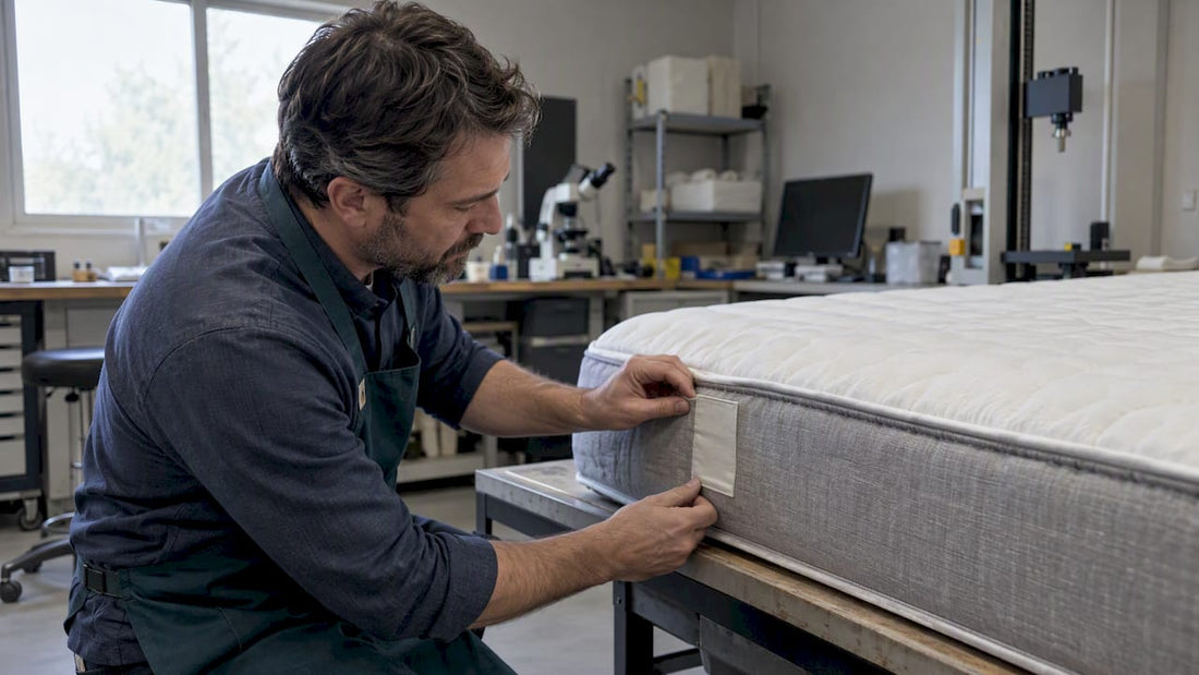 Technician inspecting an intact mattress cover seam