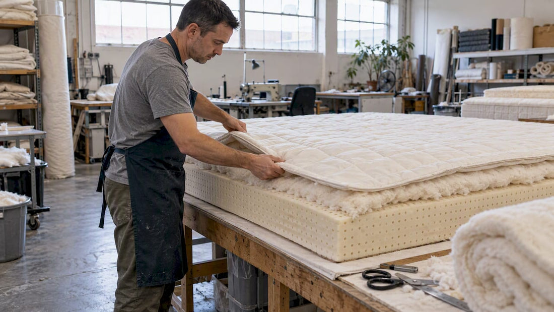 Maker assembling latex and cotton mattress layers