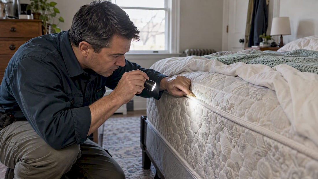 Pest professional inspecting a mattress seam