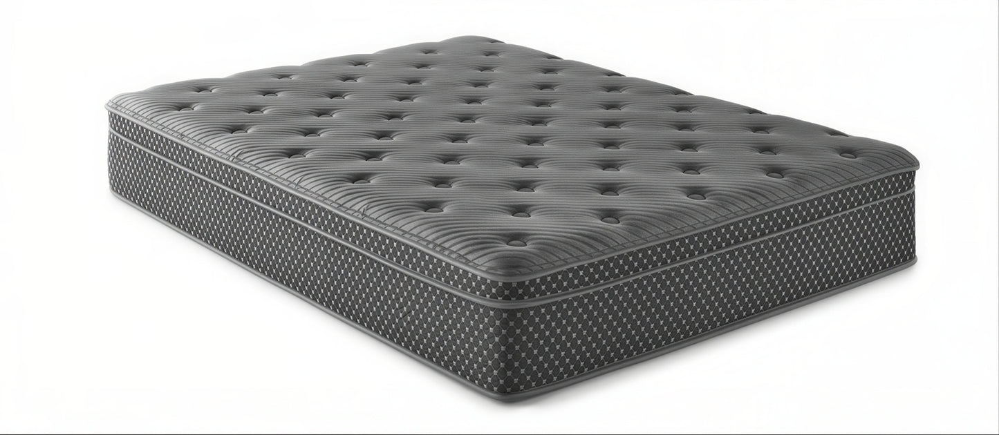 13-inch quilted hybrid medium mattress, black quilted cover, fiberglass-free