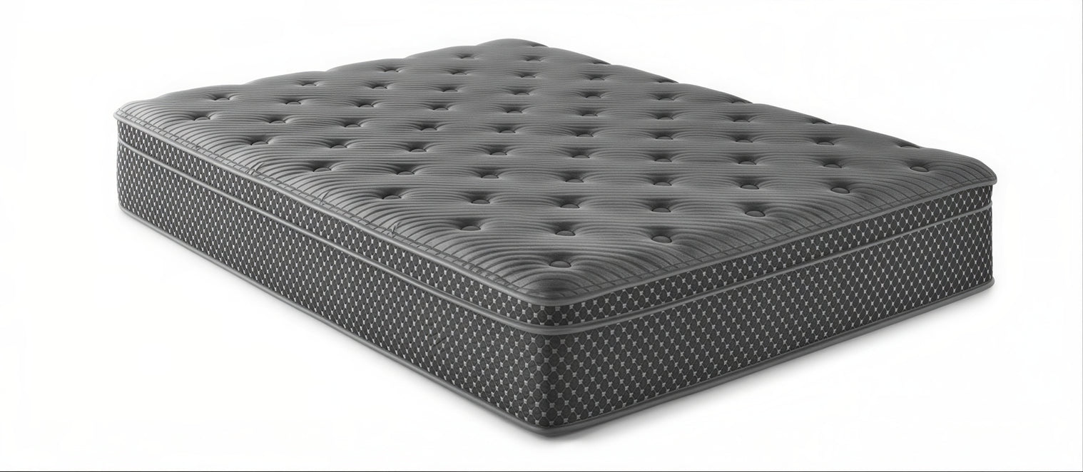 13-inch quilted hybrid medium mattress, black quilted cover, fiberglass-free