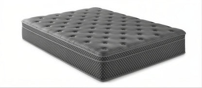 13-inch quilted hybrid medium mattress, black quilted cover, fiberglass-free
