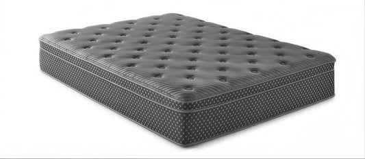 13-inch quilted hybrid medium mattress, black quilted cover, fiberglass-free