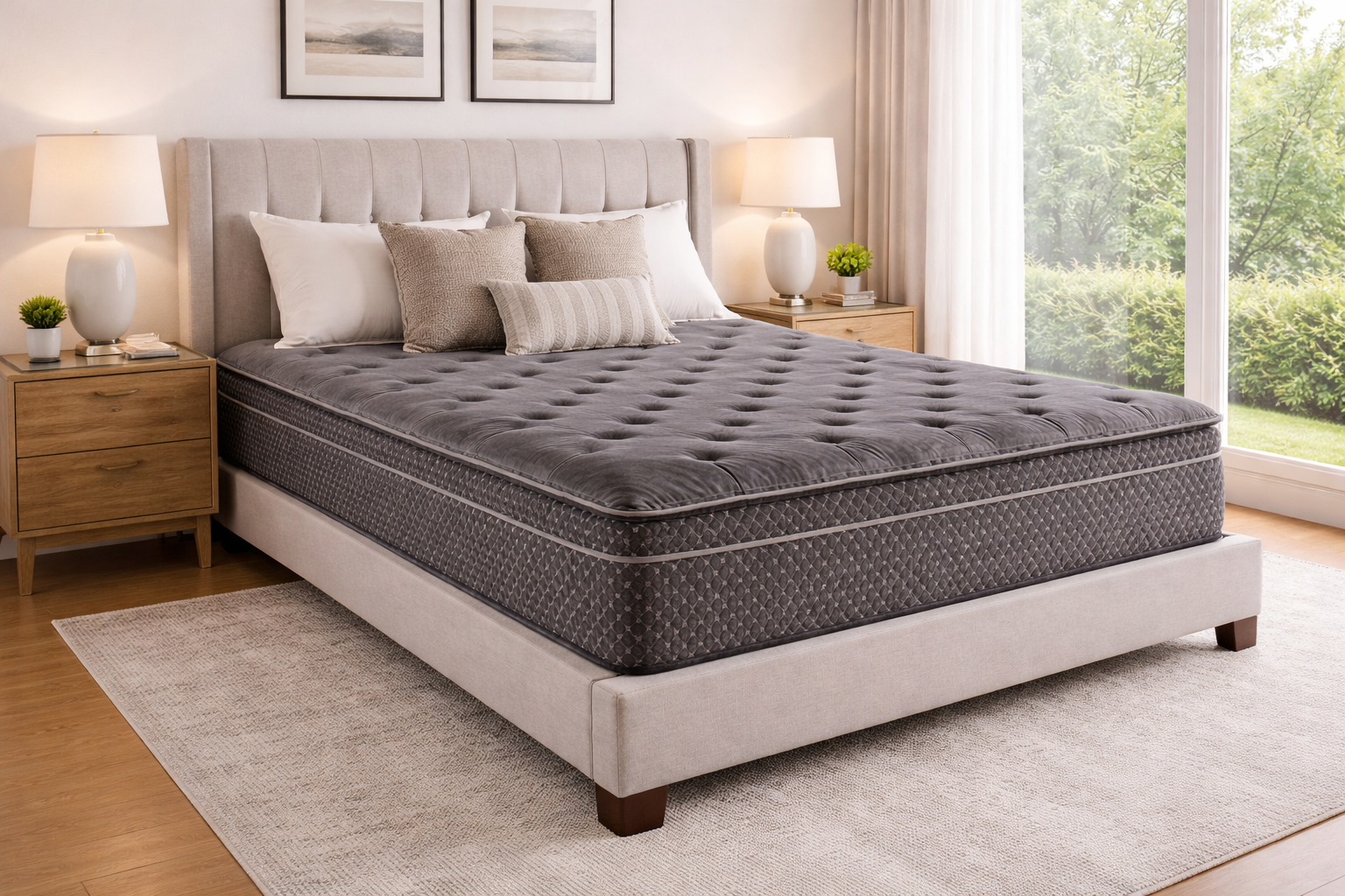 13-inch quilted hybrid medium mattress on a bed frame in a modern bedroom, fiberglass-free
