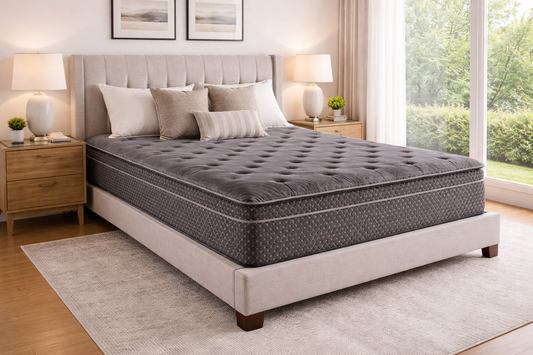 13-inch quilted hybrid medium mattress on a bed frame in a modern bedroom, fiberglass-free